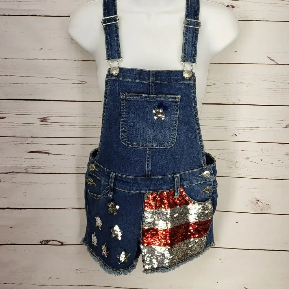 Justice Girl’s Denim Sequin American Flag Summer Shortalls Overalls Size‎ 12